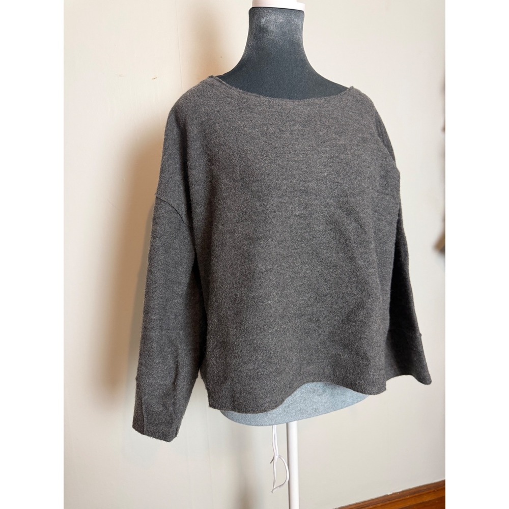 Eileen Fisher Merino Wool Boxy Boatneck Sweater Gray XS quiet luxury Euro summer